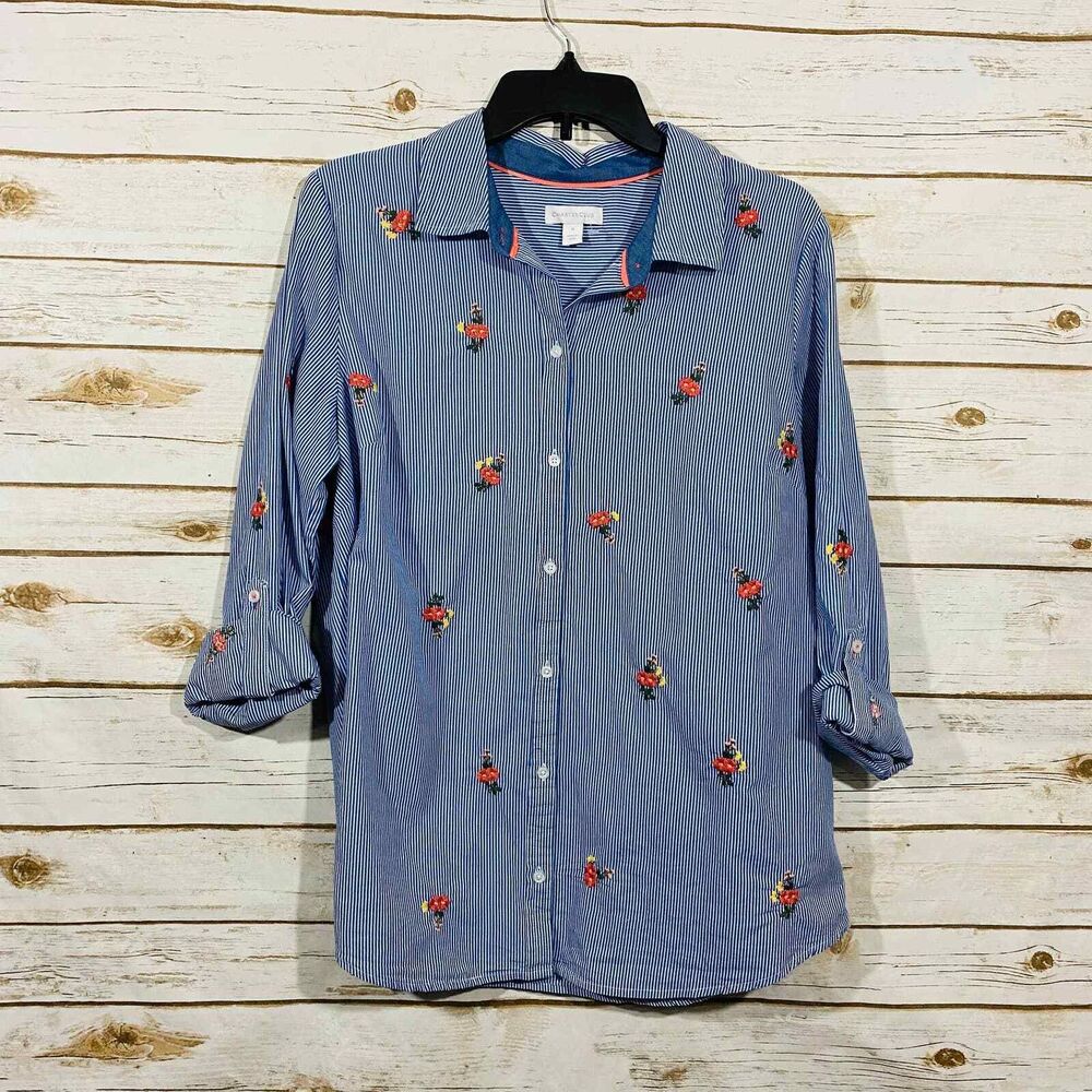 Charter Club Women's M Button Sleeve Blue White Striped Shirt Floral Embroidery